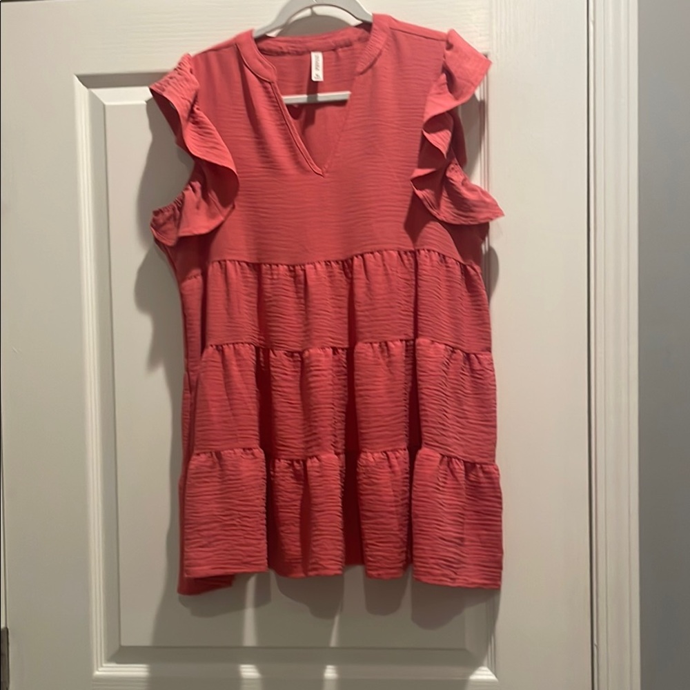 Pink Flutter Sleeve Ruffled‎ Blouse